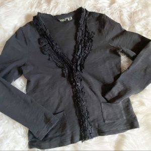 Eddie Bauer Gray V Neck Ruffle Trim Cardigan Small